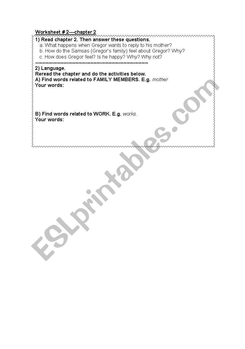 readers- the metamorphosis worksheet 2