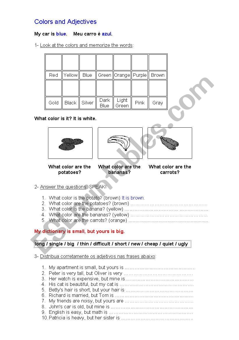 cores e adjetivos worksheet