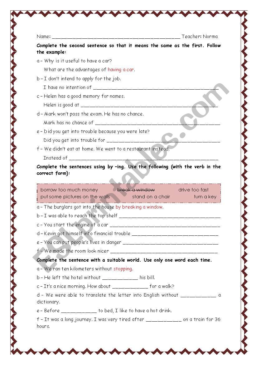 Preposition + -ing worksheet