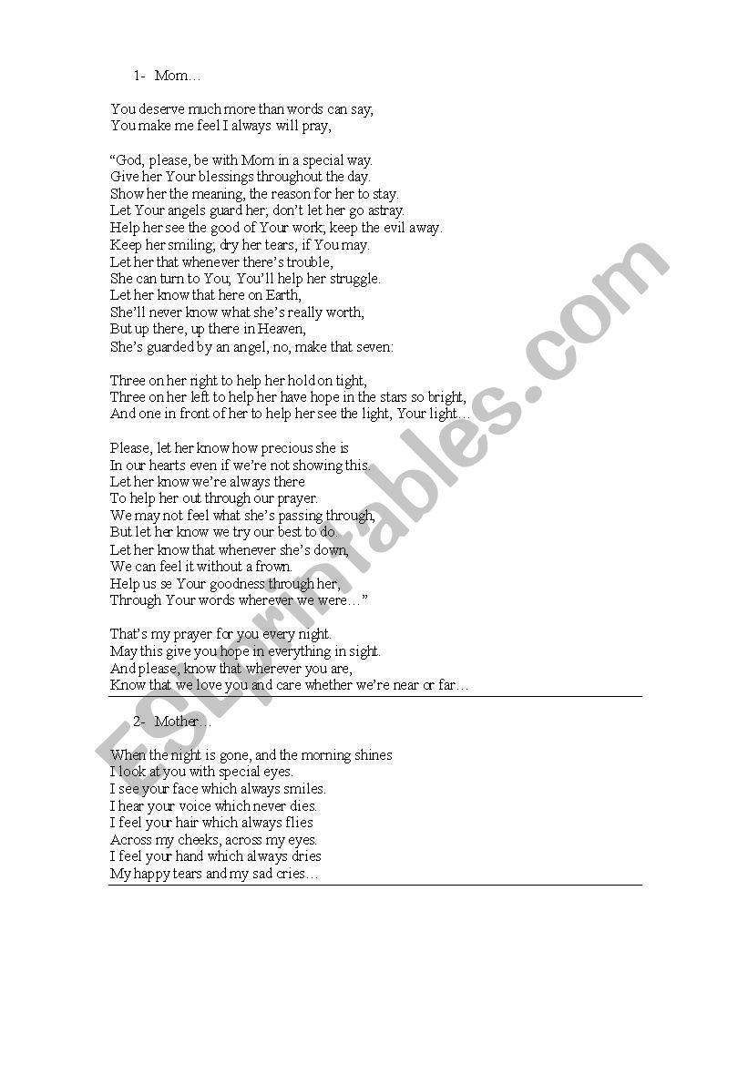 English worksheets: Mother Poems