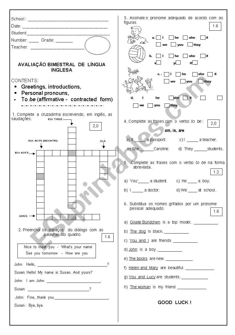 Evaluation English 1 worksheet