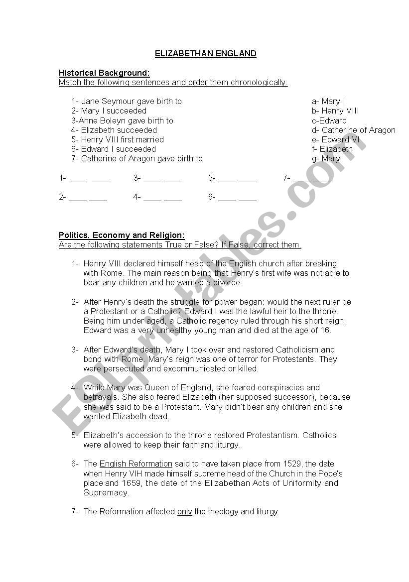 Elizabethan England worksheet