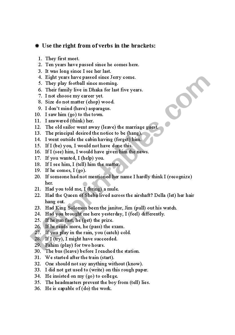 Right form of verbs worksheet