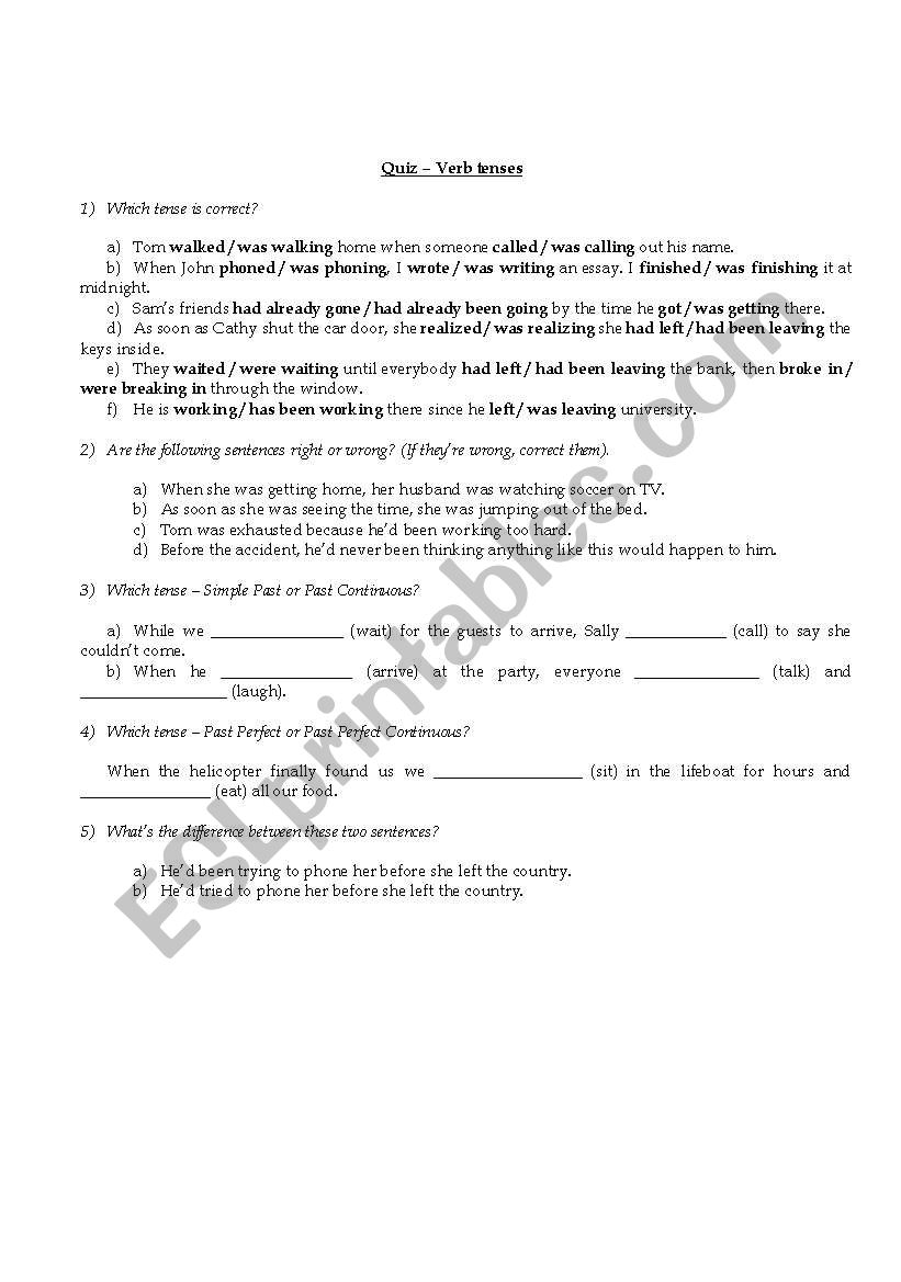 A quiz on verb tenses worksheet