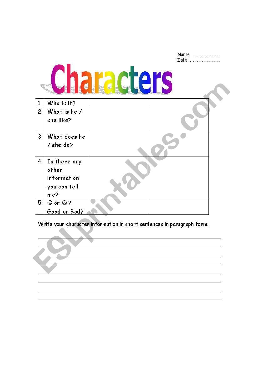 Character Description Page 1 worksheet