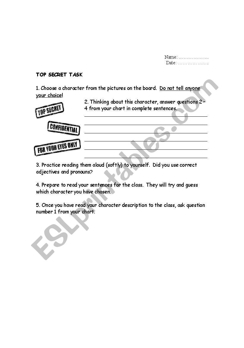 Character Description page 2 worksheet