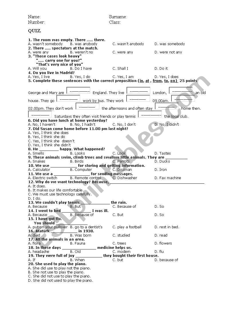 QUIZ FOR PRE-INTERMEDIATE worksheet