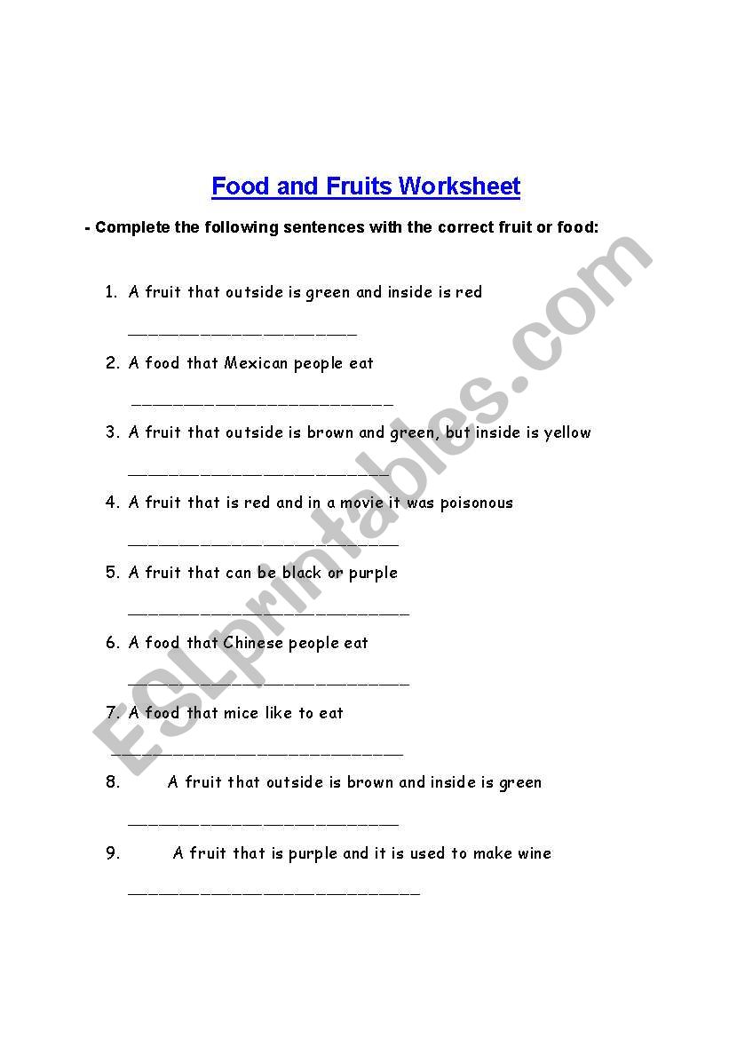 Food and Fruits worksheet worksheet