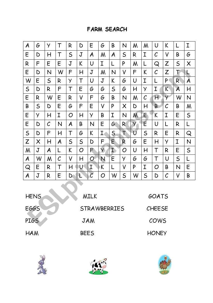 Word Search about Farm worksheet