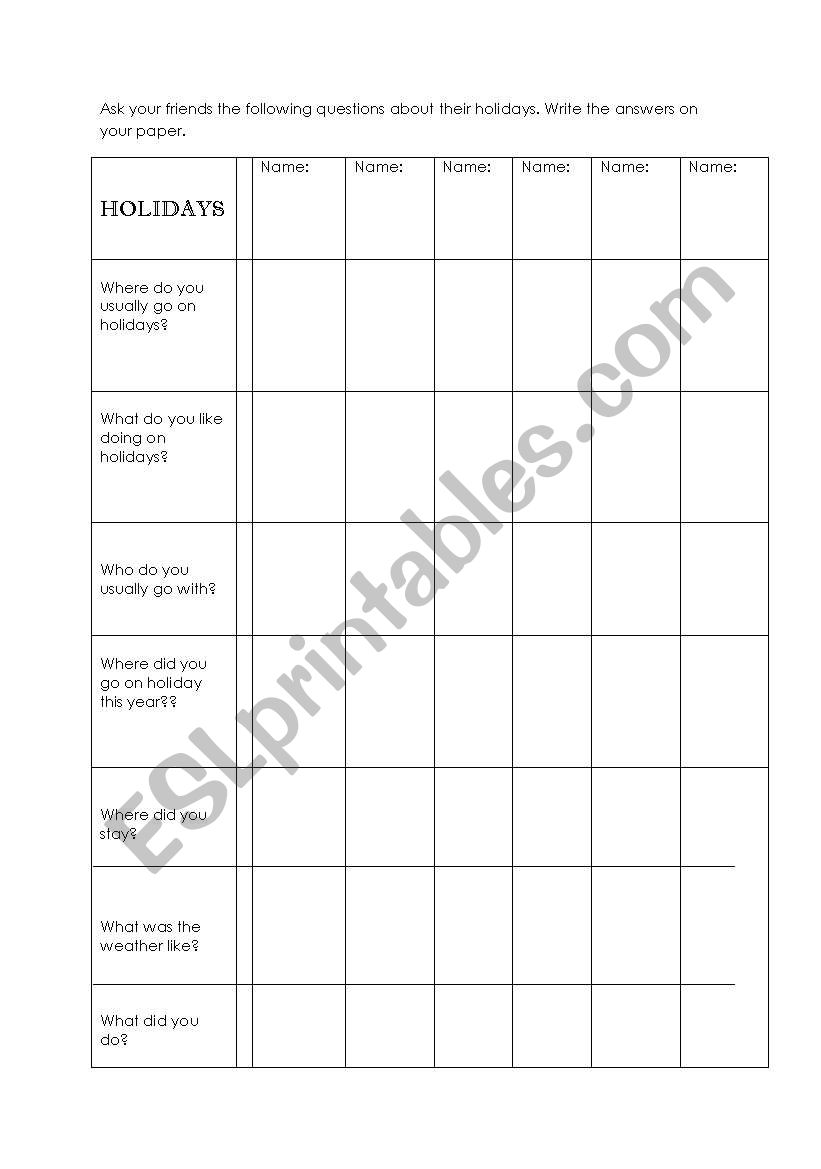 Holidays worksheet