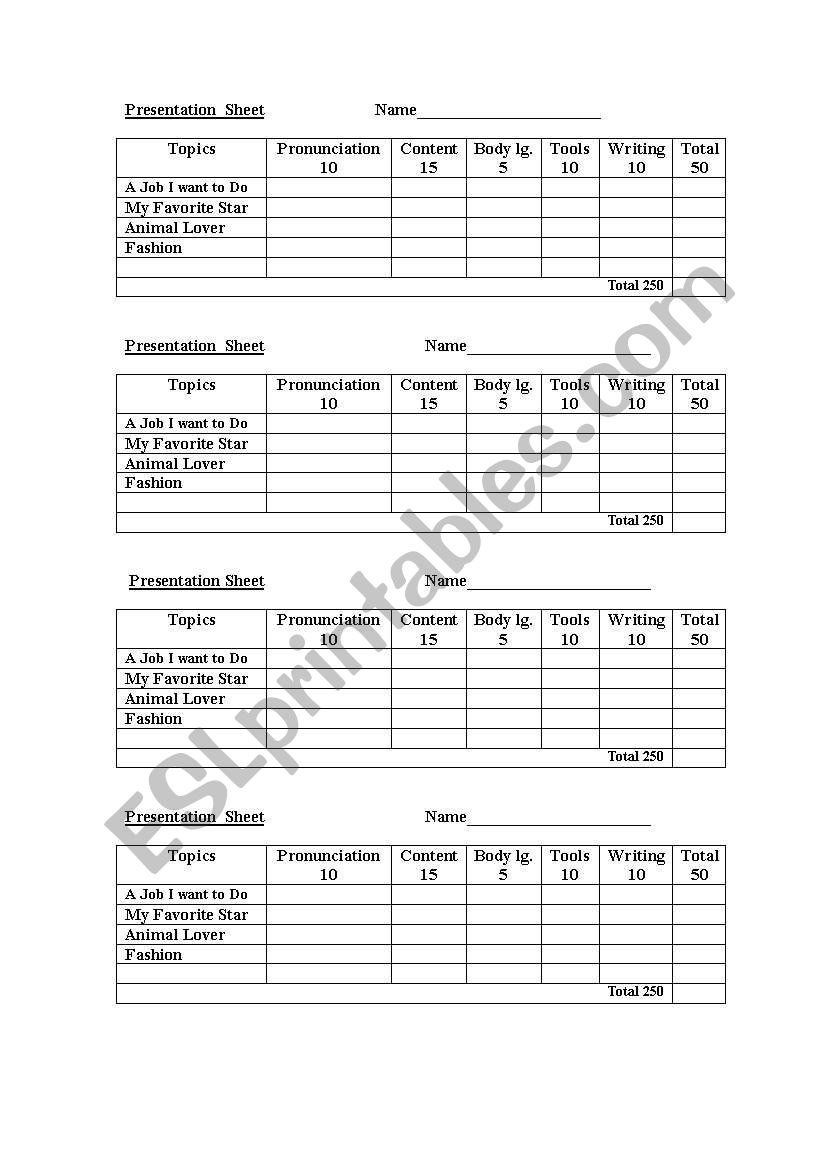 Presentation Sheet worksheet