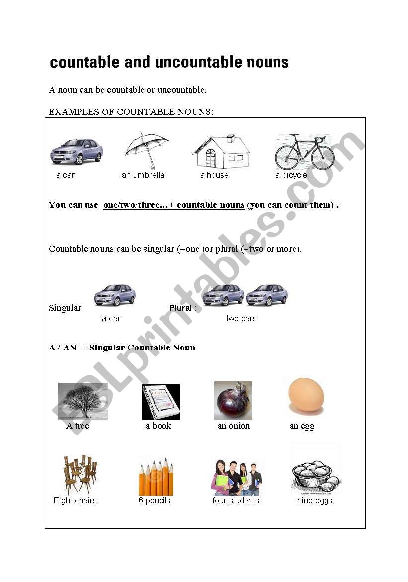 English Worksheets Countables And Uncountables