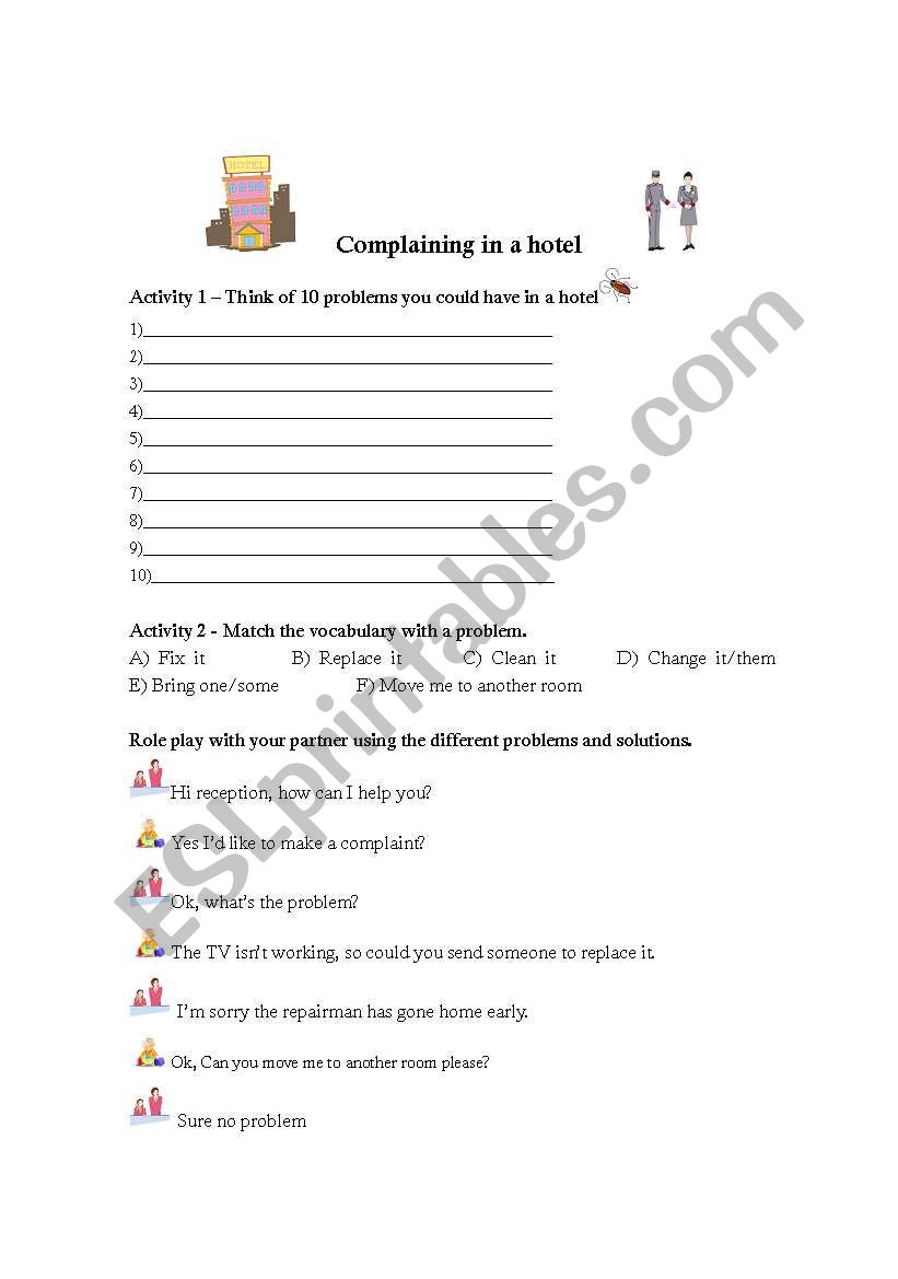 complaining in a hotel worksheet