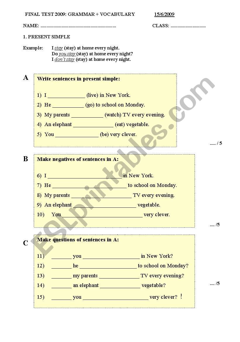 Final test  worksheet