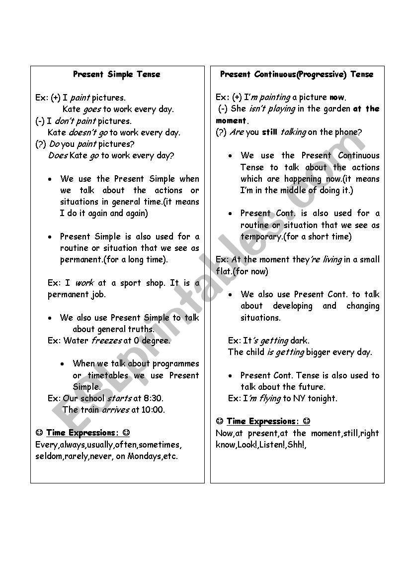 Present Simple And Continupus Differences Handout Esl Worksheet By Ssera