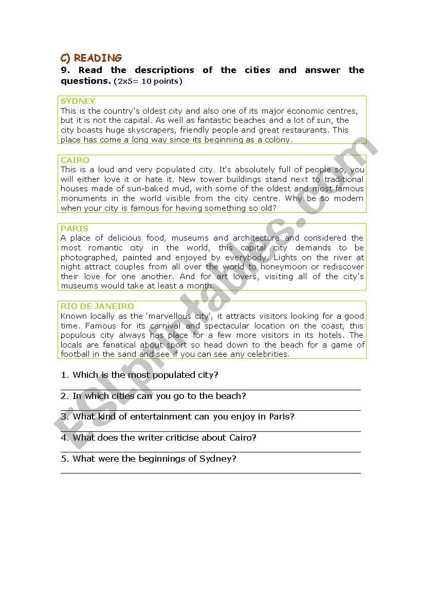 Reading about cities worksheet