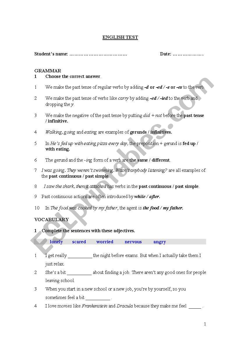 Past Tenses Test worksheet