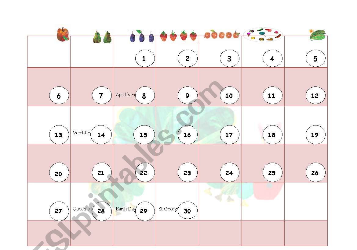 English worksheets the very hungry caterpillar calendar