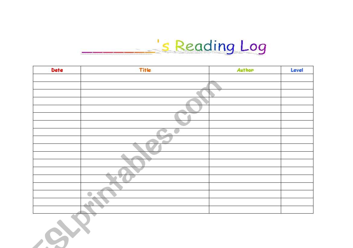 Reading Log worksheet