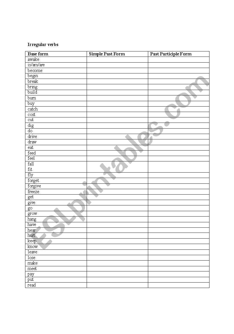 irregular verb worksheet