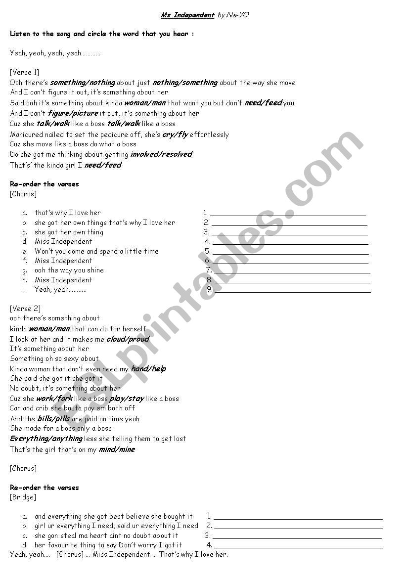 Ms Independent Ne-YO worksheet