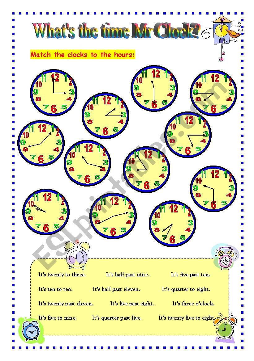 whats the time mr clock matching esl worksheet by kordullaaa