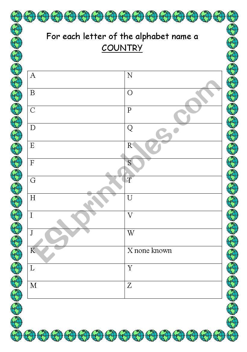 English Worksheets Name A Country For Every Letter Of The Alphabet