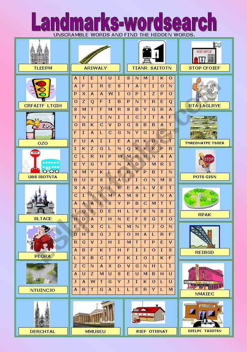 Landmarks WORDSEARCH THE KEY ESL Worksheet By Ania Z