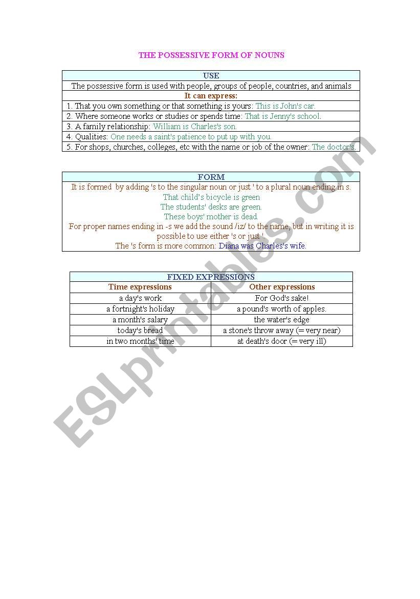 English Worksheets THE POSSESSIVE FORM OF NOUNS