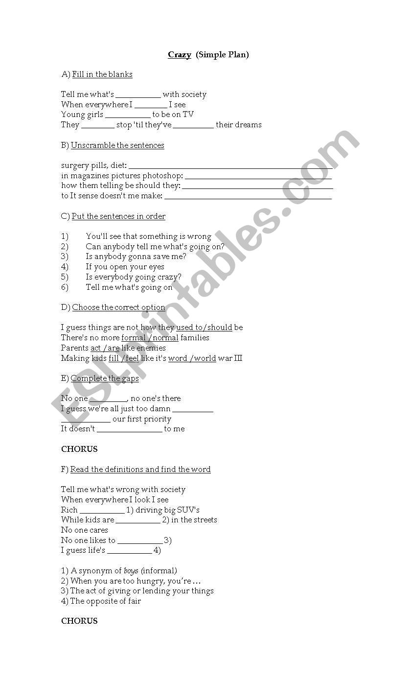 Song -Crazy- Simple Plan worksheet