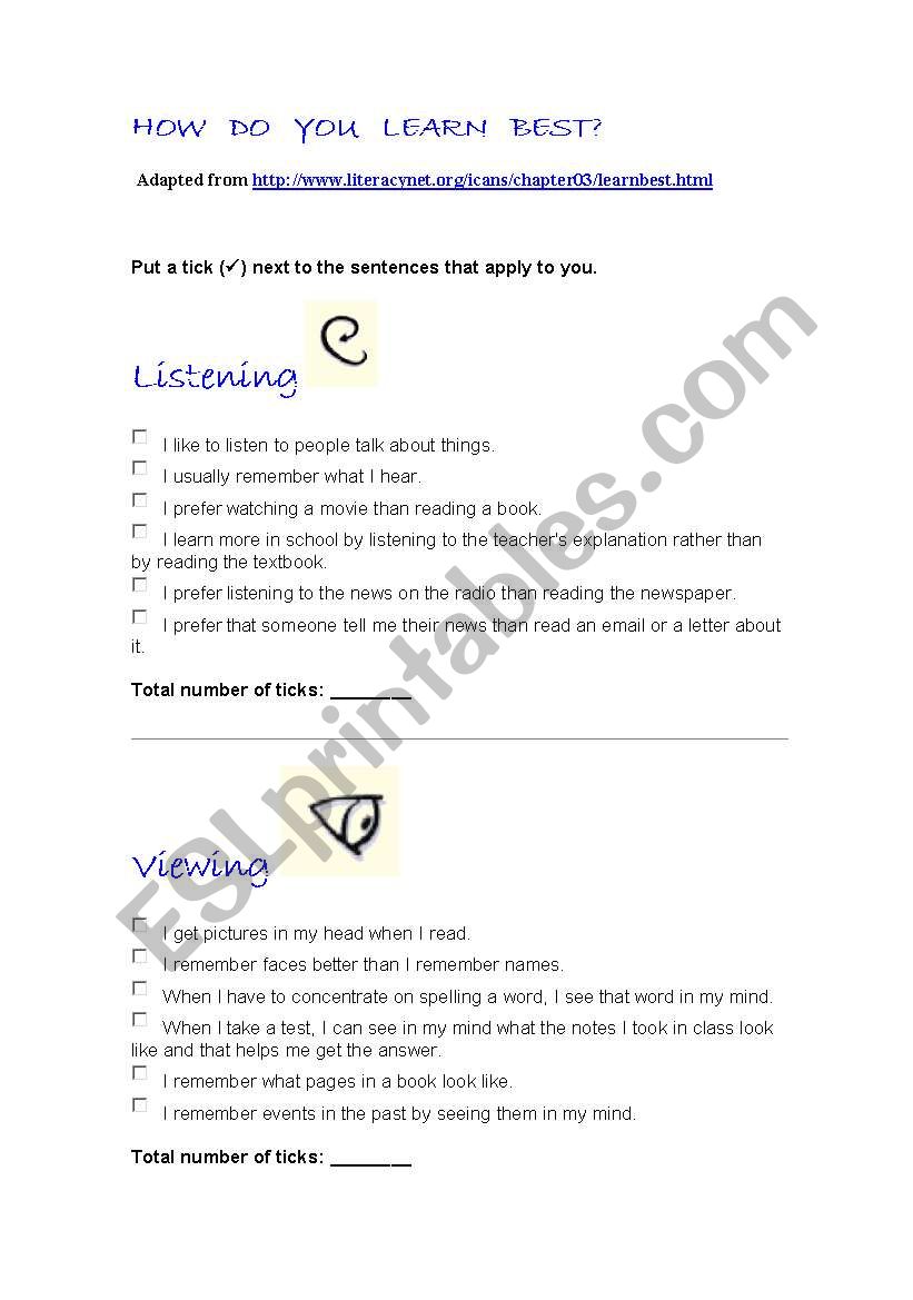 how do you learn best? worksheet