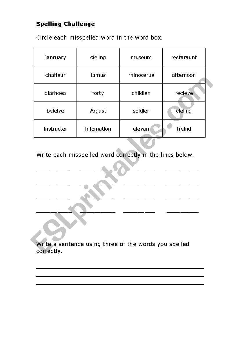 Spelling Challenge worksheet