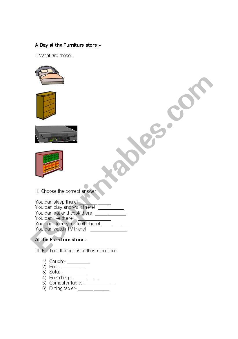 A day at the Furniture Store worksheet