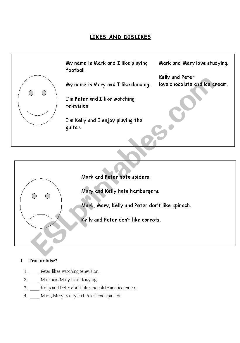 Likes and dislikes worksheet