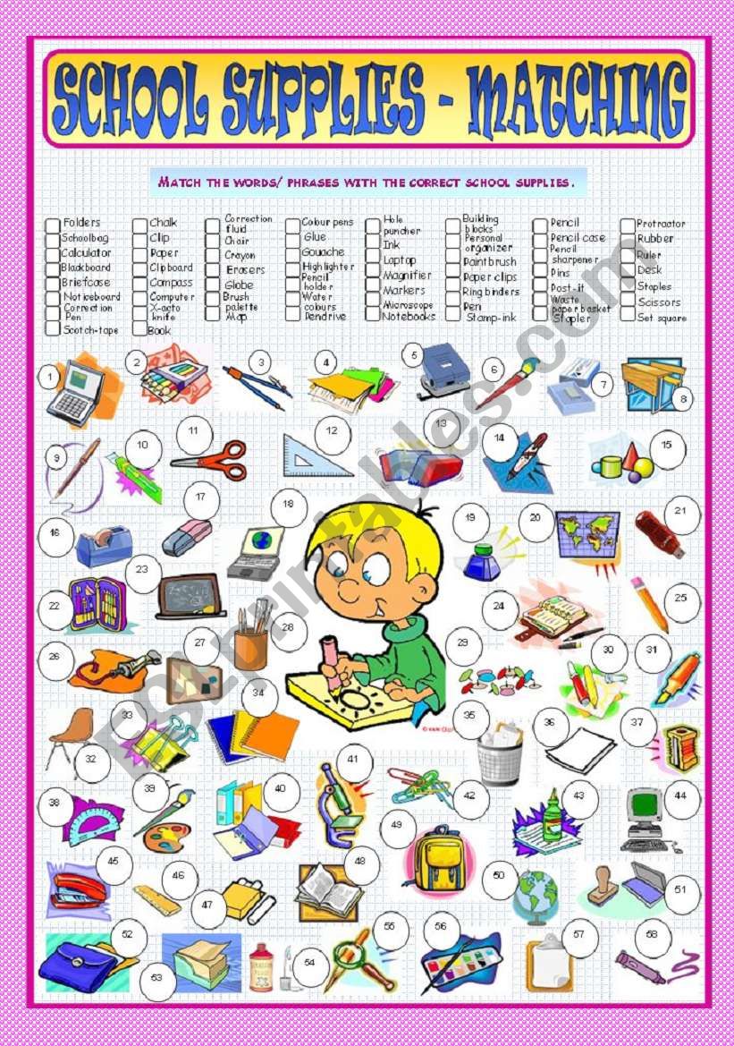 School Supplies - Matching worksheet