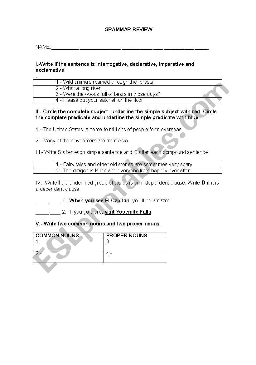 Grammer Review worksheet