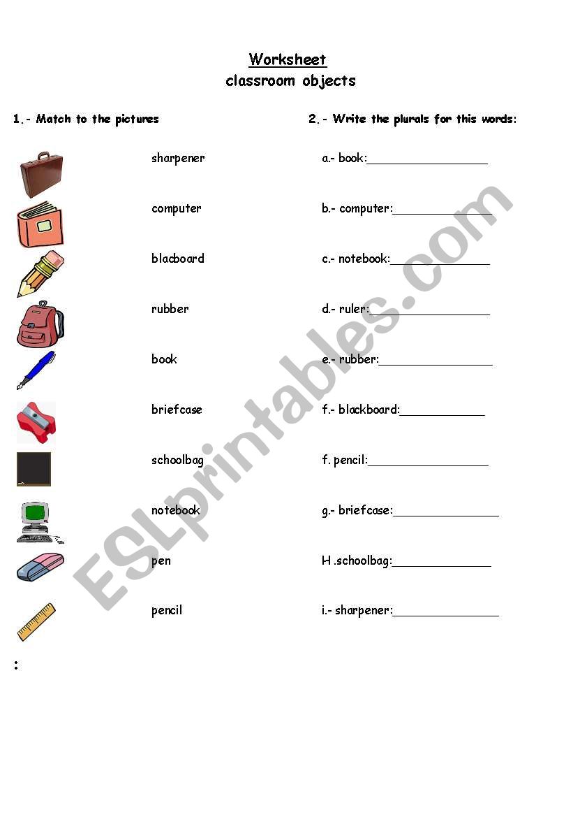 classroom objects  worksheet