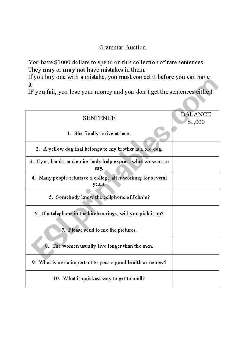 Grammar Auction worksheet