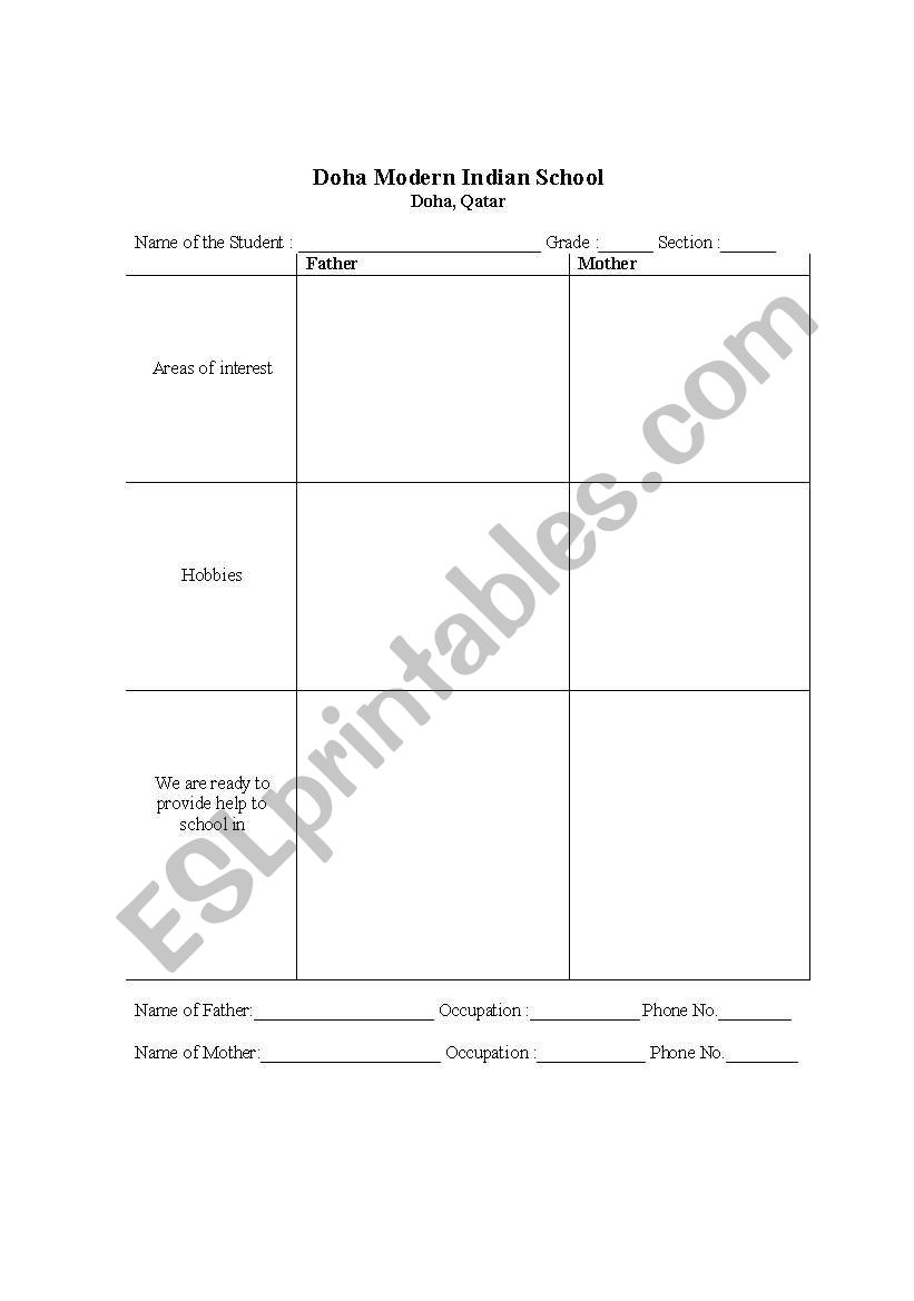 Students Health Info worksheet