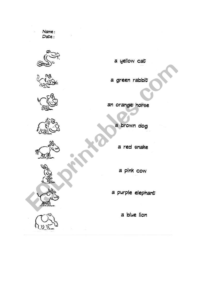 animals - match and colour worksheet