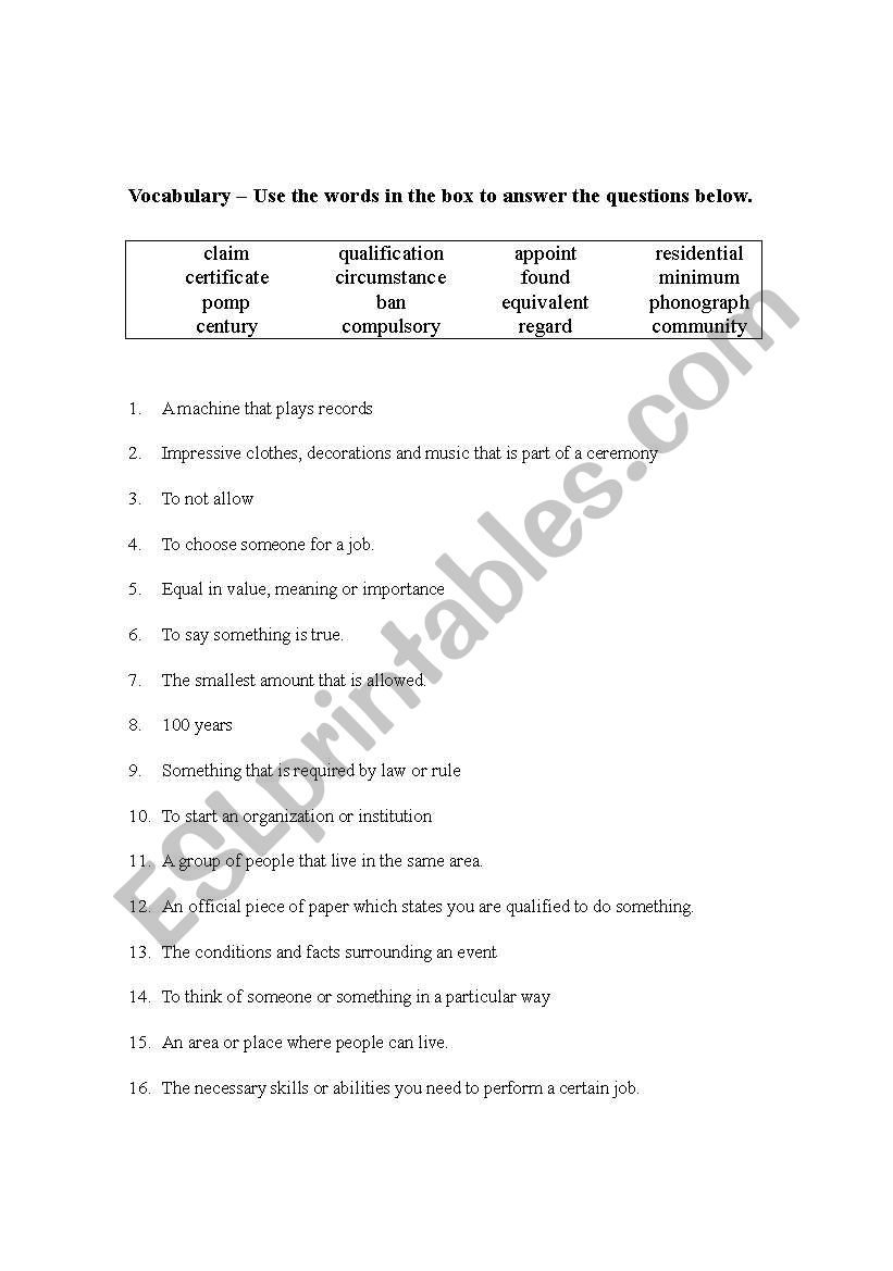 vocabulary list worksheet