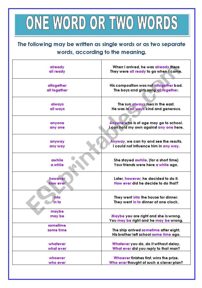 One Word Or Two Words ESL Worksheet By Hannale