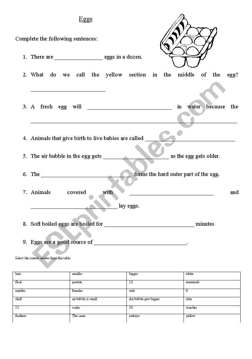 Complete the sentences on eggs