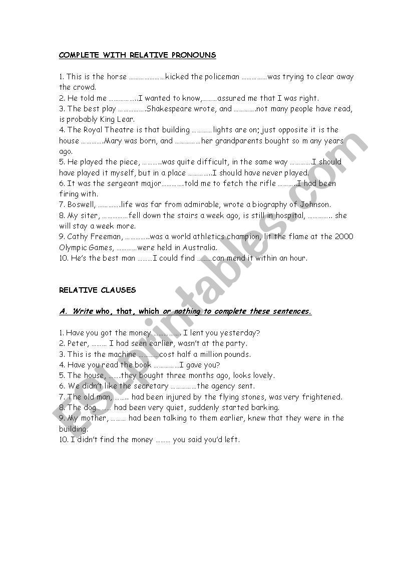 relative pronouns gap filling activity