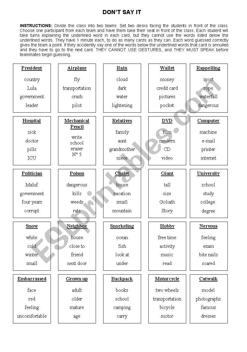 Don´t Say It - ESL worksheet by meuanjo