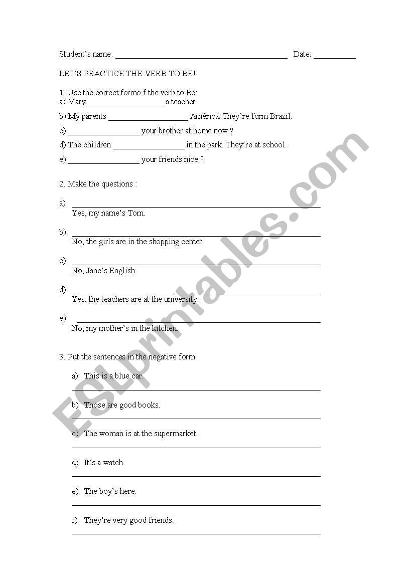 Verb to BE worksheet