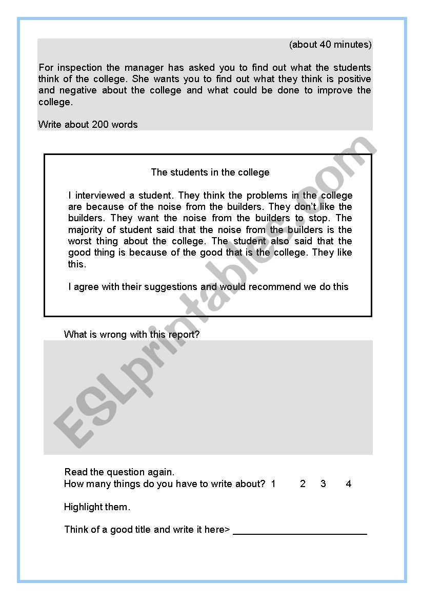 Report Writing ESOL Level 1 ESL Worksheet By Laura44