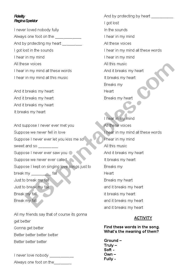 Fidelity song worksheet