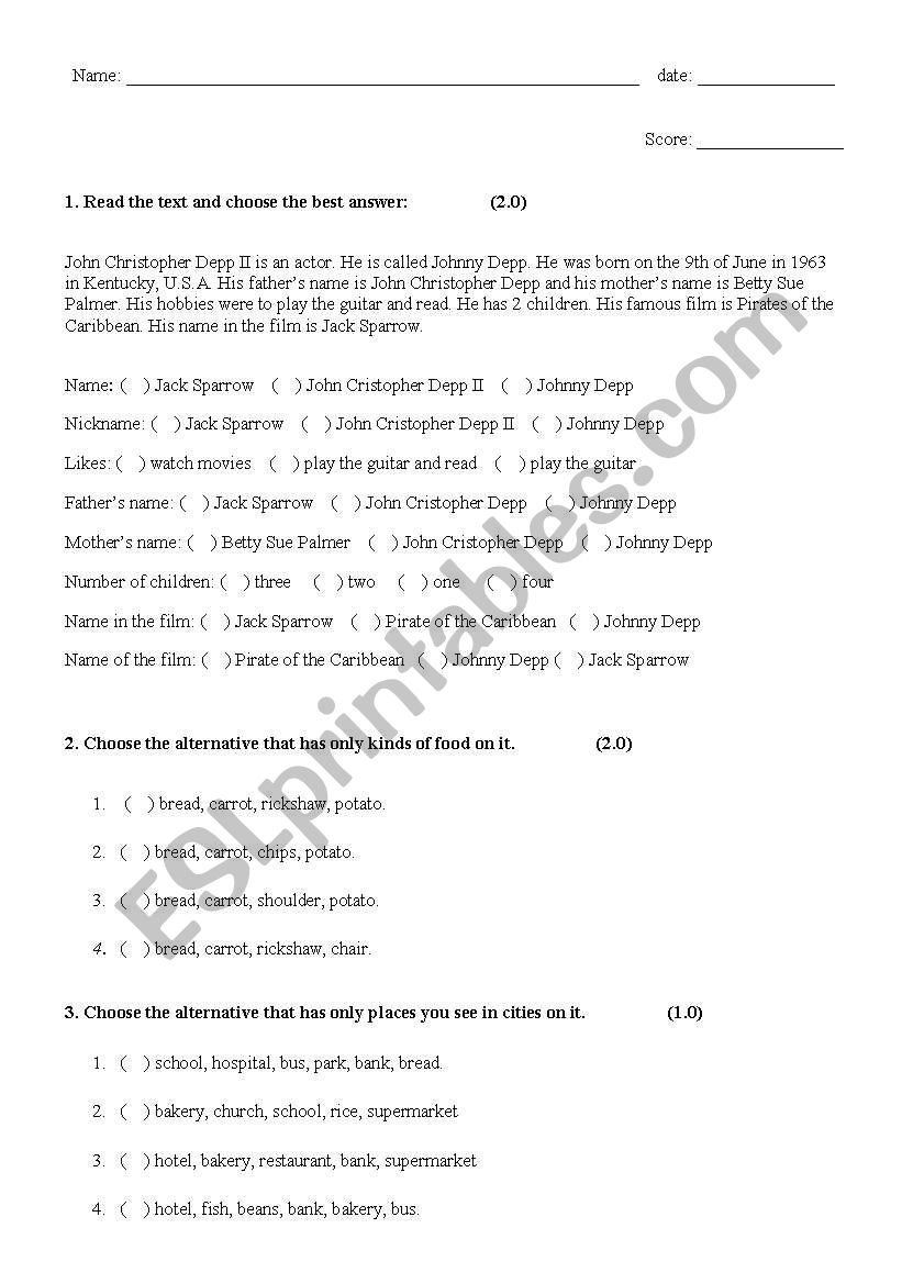 An easy test for 3 grades worksheet