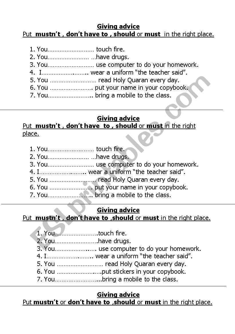 giving a dvice worksheet